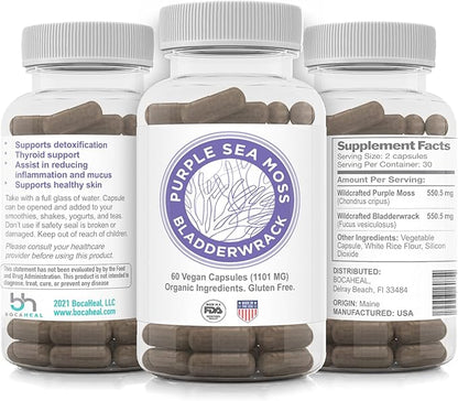Purple Seamoss + Bladderwrack Seaweed Capsules - 2202mg Complete Nutrient Profile Dr. Sebi Inspired Wildcrafted & Wildharvested Made in The USA Rich in Minerals 60 ct