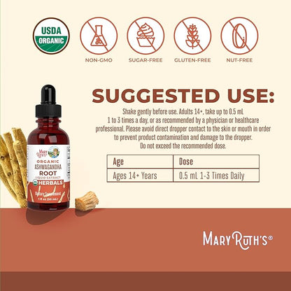 MaryRuth Organics Ashwagandha Root | USDA Organic Ashwagandha Liquid Drops | Stress Relief, Natural Calm, Relaxation and Mood Support Supplement | Adaptogenic | Nervine | Vegan | Non-GMO | 60 Servings