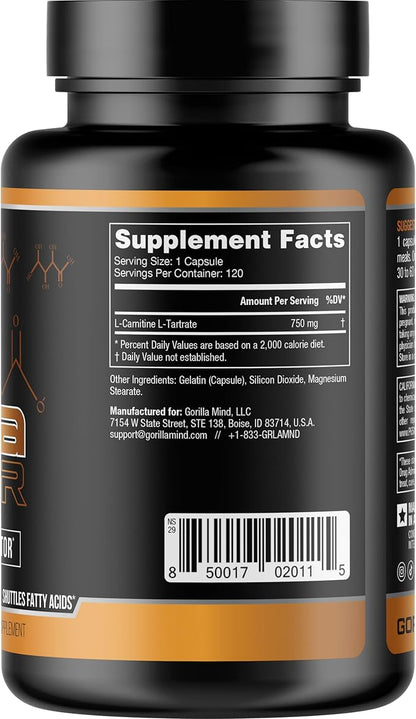 Gorilla Mind AR Carnitine 750mg Capsules Androgen Receptor Upregulator,Boosts Cellular Energy, Upregulates Androgen Receptor Density,Shuttles Fatty Acids (120 Capsules)