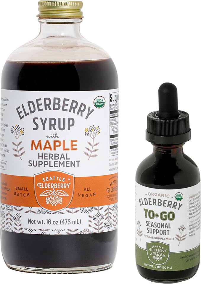 Herbal Supplement Starter Set – A 16oz Bottle of Elderberry Syrup with Maple & a 2oz Bottle of Elderberry to-Go Seasonal Support Made from Only Organic Ingredients in The USA