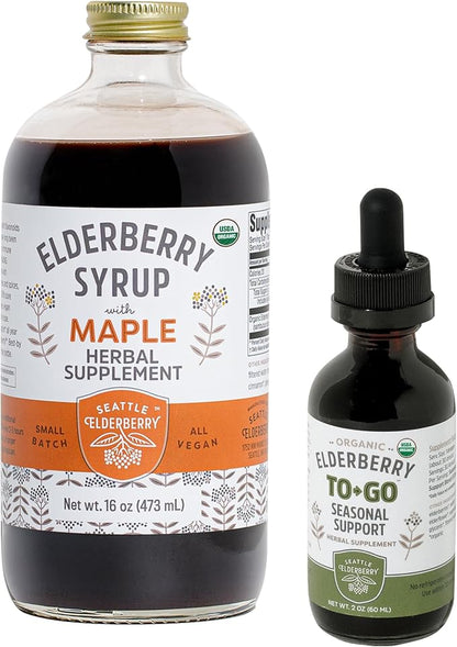 Herbal Supplement Starter Set – A 16oz Bottle of Elderberry Syrup with Maple & a 2oz Bottle of Elderberry to-Go Seasonal Support Made from Only Organic Ingredients in The USA