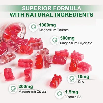 Magnesium Taurate Gummies with Magnesium Taurate, Magnesium Glycinate & Magnesium Citrate-for Heart Health, Muscles Function, Mood Support-Vegetarian, Non-GMO
