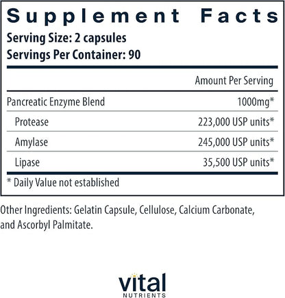 Vital Nutrients Pancreatic Enzymes 1000mg (Full Strength) | Pancreatin Digestion Supplement with Protease, Amylase & Lipase | Digestive Enzymes | Gluten, Dairy, and Soy Free | 180 Capsules