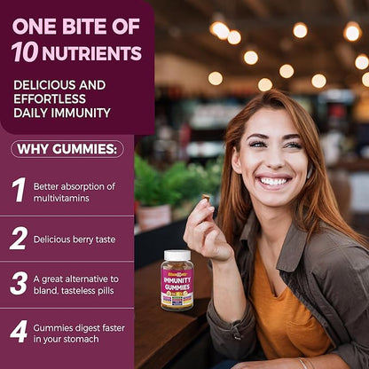 10-In-1 Immune Gummies with Multivitamins, 100% Daily Zinc, Vitamin C & D3 Immunity Supplement + Echinacea, Sambucus Elderberry, Turmeric, Magnesium - Immune Support, Overall Health, Sugar Free, 60Cts