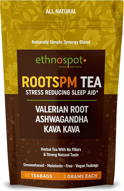 RootsPM Sleep Teabags - Herbal Blend of Valerian Root, Ashwagandha & Kava Kava, Natural Relaxation Tea for Restful Nights, Unsweetened & Vegan, 100% Natural Ingredients - 2 Gram Teabags - 32 Teabags