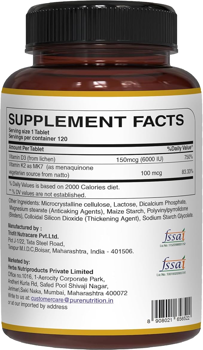 Pure Nutrition Vita D3 K2 - Plant Based Vitamin D3 K2 Supplement | 120 Tabs | Vitamin D3 6000 IU | Vitamin K2 as MK7 100mcg | Vitamin K2 D3 | Non GMO |
