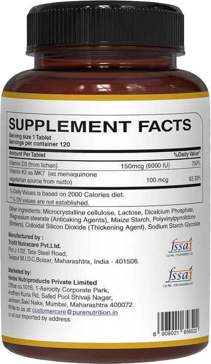 Pure Nutrition Vita D3 K2 - Plant Based Vitamin D3 K2 Supplement | 120 Tabs | Vitamin D3 6000 IU | Vitamin K2 as MK7 100mcg | Vitamin K2 D3 | Non GMO |