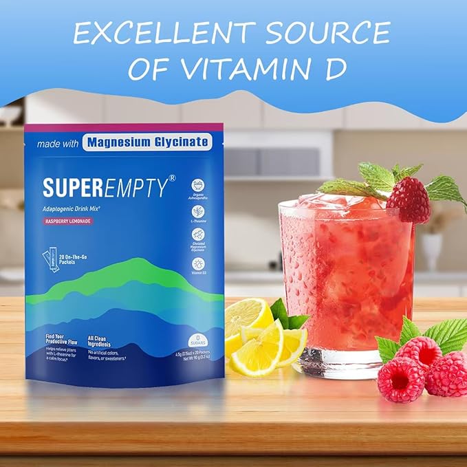 Calm Powdered Drink Mix, Cortisol Drink Mix Adaptogenic, Raspberry Lemonade Drink, L-Theanine, Ashwagandha, Magnesium Glycinate