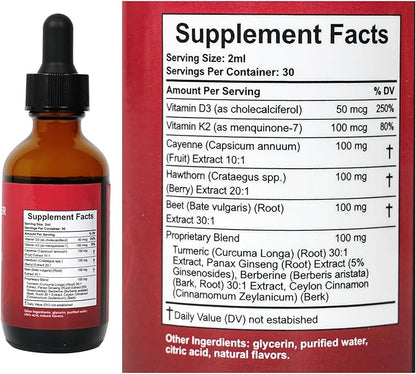 Cayenne Pepper Hawthorn Beet Root Turmeric Vitamin K2+D3 Liquid Drops (60ML)