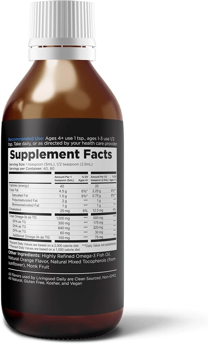 Livingood Daily Fish Oil Supplements with Omega 3 Fatty Acid, Liquid Omegas (200ml) - EPA & DHA Fish Oil Pills Support Heart & Joint Health - Promotes Healthy Digestion & Brain Function - Non-GMO