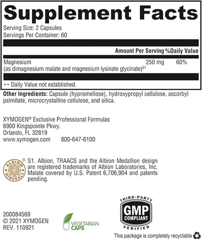 XYMOGEN OptiMag 125 - Magnesium Supplement with Di-Magnesium Malate & Glycinate Lysinate to Support Nerve, Muscle, Bone Health + Heart Health (120 Capsules)