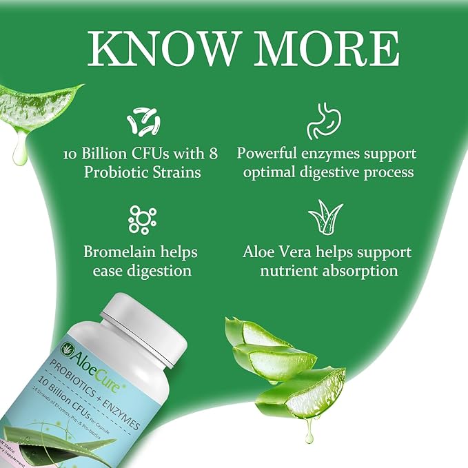 AloeCure Organic Aloe Vera Digestion Pack - 4 Pieces - 2 x 500ml Natural Flavor Juice, 2 x Probiotic + Enzyme