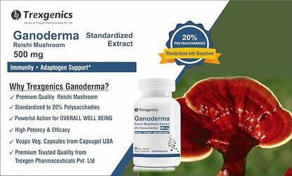 Trexgenics GANODERMA 500mg Reishi Mushroom 20% Polysaccharides Antioxidant, Immunity Support (60 Veg. Capsules)