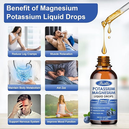 Potassium Magnesium Liquid Drops Supplement with Potassium, Magnesium,Calcium, Vitamin D3, Zinc, for Leg Cramps, Energy, Metabolism, for Adult and Kid,Sugar Free