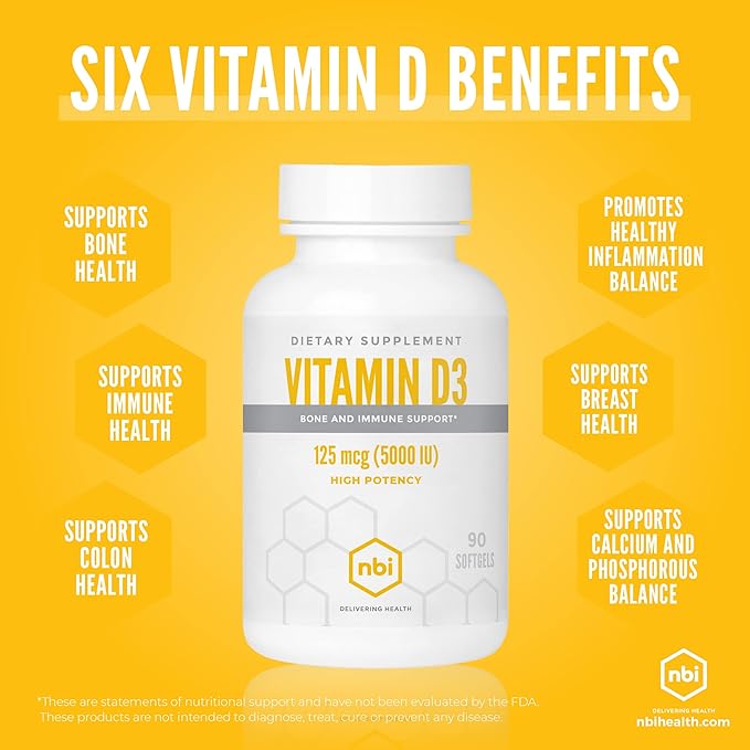High Potency Vitamin D3 125 mcg (5000 IU) Softgels with Rosemary Extract Antioxidants | Bone, Immunity, Brain and Inflammation Balance Support | 90 Softgel Capsules
