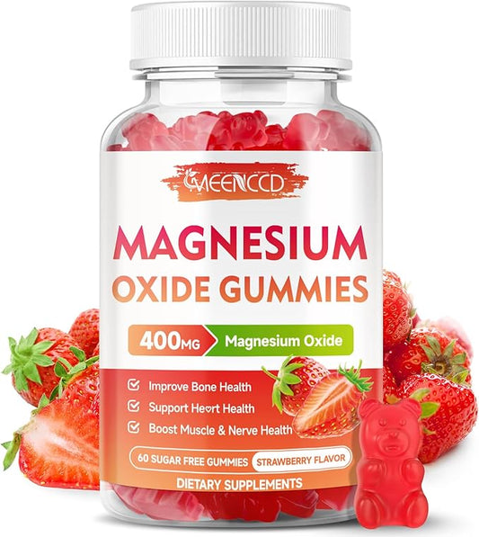 Magnesium Oxide Gummies 400mg, Chewable Magnesium Oxide Supplement for Adults & Kids, Nerve & Muscle Support, Non-GMO, Sugar-Free, Strawberry Flavor, 60 Count