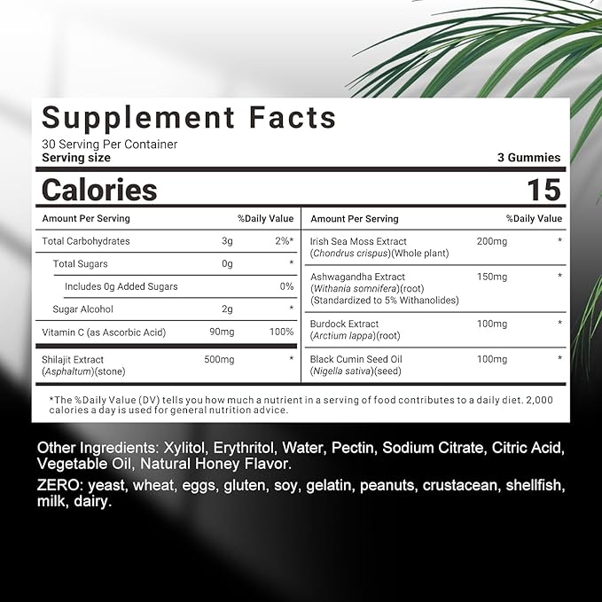 Sugar Free Shilajit Ashwagandha Sea Moss Gummies with Black Seed Oil - Ashwagandha + Shilajit + Sea Moss + Black Seed + Burdock