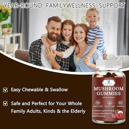 Organic Mushroom Gummies with Mane Mushroom, Reishi, Cordyceps, Lion's Mane Mushroom Gummies for Adults Brain Booster, Immune Support, Energy-60 Units