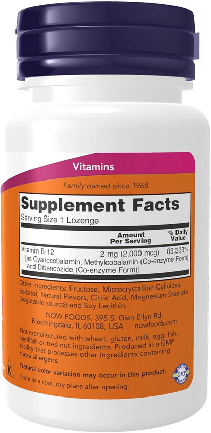NOW Foods Supplements, B-12 2,000 mcg, Energy Production*, Nervous System Health*, 100 Lozenges