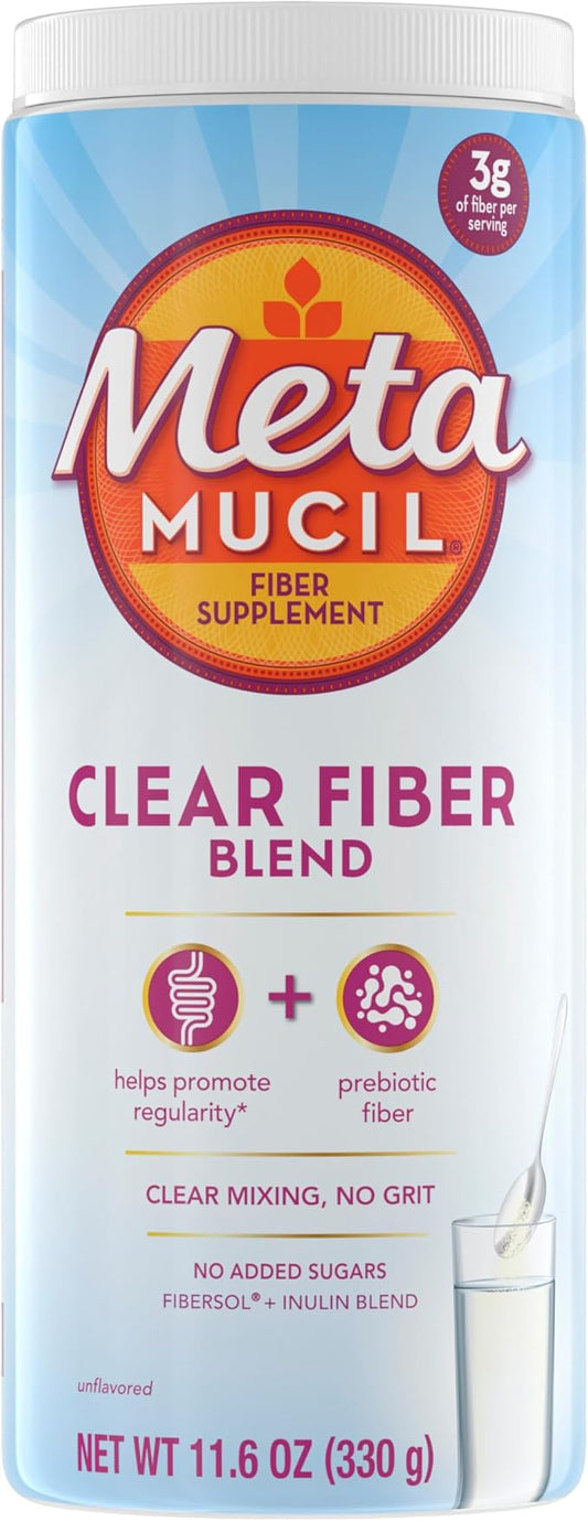 Metamucil Fiber Supplement, Unflavored Clear Mixing Powder, No Grit, No Sugar Added, Plant Based Prebiotic Fiber Blend for Daily Digestive Health, 75 teaspoons