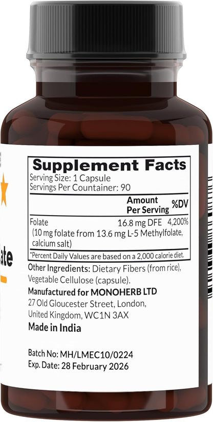 L-Methylfolate 5-MTHF 10 mg - 90 Vegetarian Capsules - Methyl Folate Supplement