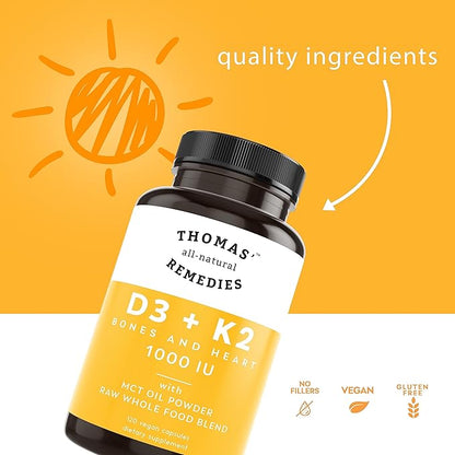 Thomas' all-natural Remedies D3 + K2 with MCT Oil for Better Absorption & Raw Whole Food Blend, 1000 IU D3, Vegan, Made in USA, Support for Your Heart, Bones & Teeth, Non-GMO (120ct)