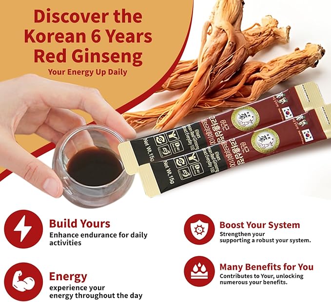 30 Pack of 0.53oz Korean Red Ginseng Extract Sticks - 6-Year-Old Ginseng for Optimal Benefits for You - Daily Upgrade - Perfect for Pre/Post Workout (30 Sticks of 0.53oz)