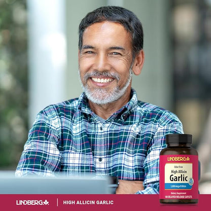 Lindberg Garlic Supplement 5000mg | 100 Caplets | High Allicin Odorless Garlic | Non-GMO, Gluten Free