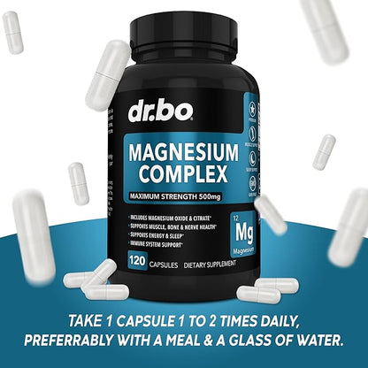 Magnesium Complex Supplement Capsules 500mg - Support Energy, Relaxation, Leg Cramps & Legs - Help Aid Muscle Support Supplements - High Absorption Premium Mag Citrate Oxide - 120 Capsules