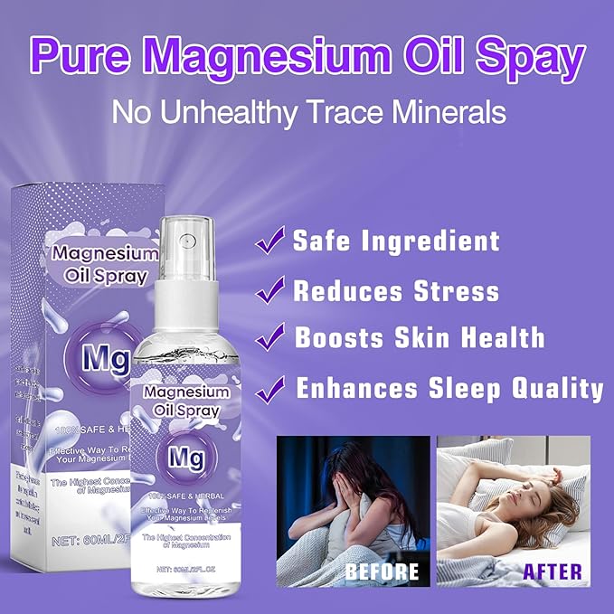 Magnesium Spray, Magnesium Oil Spray, No Unhealthy Trace Minerals - 100% Pure Organic Natural Topical Magnesium Spray, Magical Magnesium Skin Spray for Feet, Body, Sleep & Relaxation (60ml)