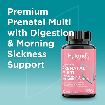 Hyland's Easy Morning Prenatal Multivitamin and Digestive Health and Morning Sickness Relief, 60 Vegan Capsules, with Folate, Choline, Zinc, Ginger Root, Prebiotics and Algae DHA (Pack of 2)