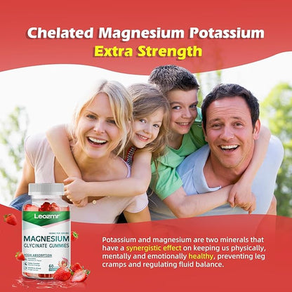 Magnesium Glycinate Gummies 1000mg - Sugar Free Magnesium Potassium Supplement with Vitamin D, B6, CoQ10 for Calm Mood & Sleep Support - 60 Strawberry Gummies