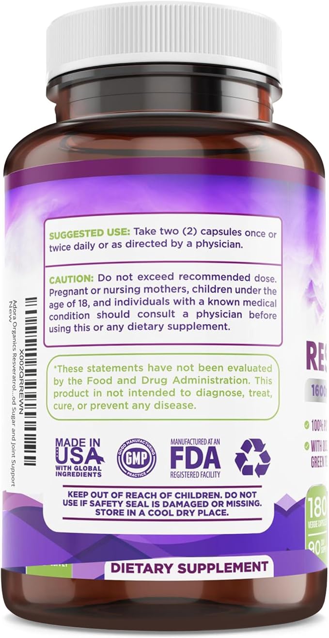 Resveratrol 1600mg, Trans-Resveratrol Antioxidant Supplement with Green Tea, Grape Seed Extract and Quercetin, Helps to Support Digestive Health and Immune System, 180 Capsules