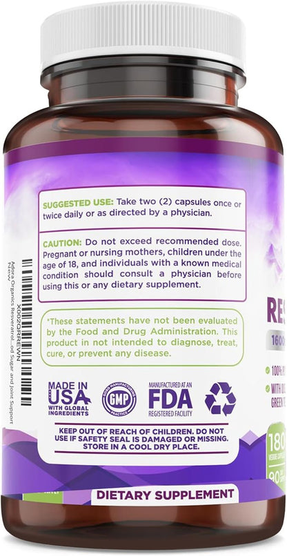 Resveratrol 1600mg, Trans-Resveratrol Antioxidant Supplement with Green Tea, Grape Seed Extract and Quercetin, Helps to Support Digestive Health and Immune System, 180 Capsules