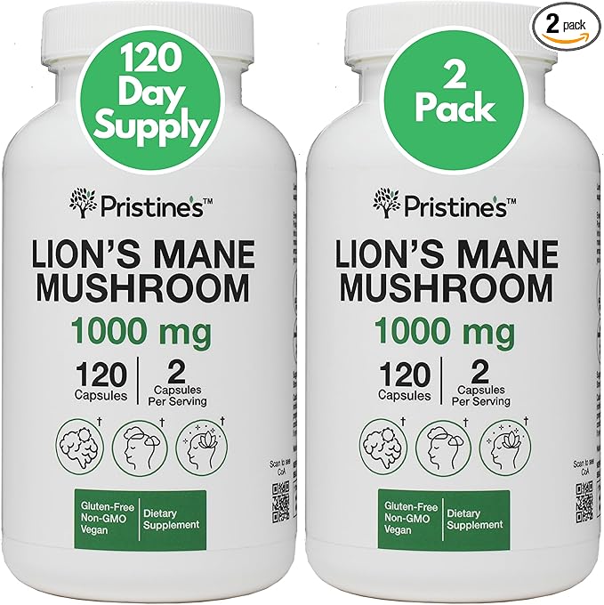 PRISTINE'S Lion's Mane Mushroom 1000mg (2 Pack) Brain Memory & Focus Adaptogen Supplement - 120 Day Supply - Cognitive Function & Immunity Health Memory Supplements for Adults - Vegan - Non-GMO