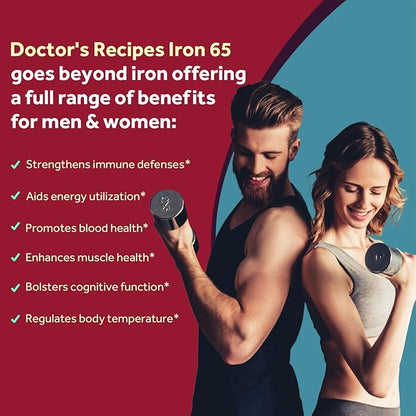 Doctor's Recipes Iron Supplement 65 mg with Vitamin C - Maximized Absorption & Stomach Friendly Iron Pills for Red Blood Cells Formation, Heart, Brain & Immunity Health - Vegan Non-GMO 180 Iron Tabs