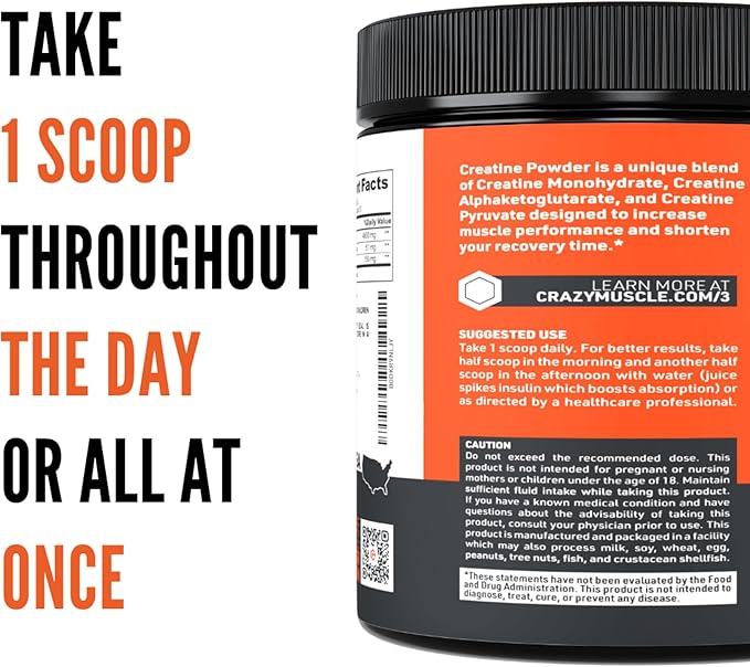 Crazy Muscle Creatine Monohydrate Powder, 5000mg Premium 3X ThreeAtine Pre Workout Mass Gainer, High Absorption Easy to Take Powder Optimum Performance for Men & Women, 30 Servings