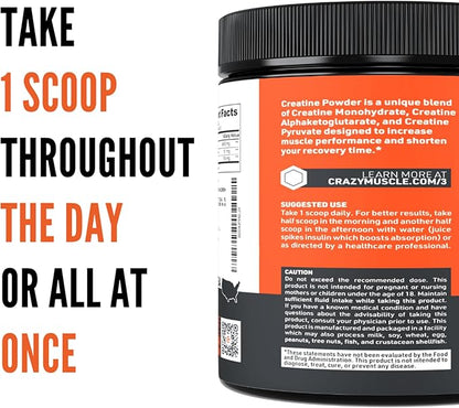 Crazy Muscle Creatine Monohydrate Powder, 5000mg Premium 3X ThreeAtine Pre Workout Mass Gainer, High Absorption Easy to Take Powder Optimum Performance for Men & Women, 30 Servings