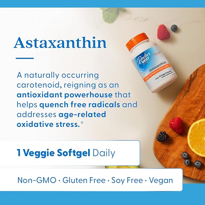 Doctor's Best Astaxanthin, Powerful Antioxidant, Skin, Eye Health, Non-GMO, Gluten Free, Vegan, Soy Free, 6 mg, 90VSG