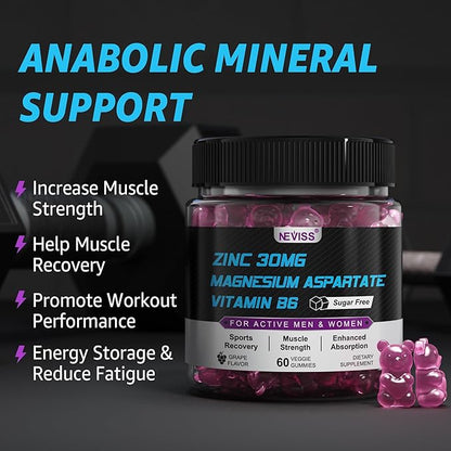 Zinc and Magnesium Supplement, Zinc Magnesium Aspartate Post Workout Gummies for Men Women, w/Vitamin B6, B12, D3, Turmeric for Nighttime Muscle Recovery, Boost Immunity & Sleep, Sugar Free, 60Cts