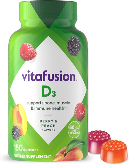 Vitafusion Vitamin D3 Gummy Vitamins for Bone and Immune System Support, Peach, Blackberry and Strawberry Flavored, 50 mcg Vitamin D, America’s Number 1 Gummy Vitamin Brand, 75 Day Supply, 150 Count