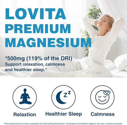 Lovita Triple Magnesium Complex 500mg, High Absorption and Potency Formula, Glycinate, Citrate & Oxide, Support Sleep, Relaxation, Heart, Nerves & Bone Health, 180 Vegan Capsules (Pack of 3)