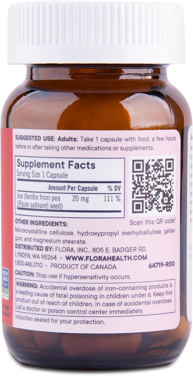 Flora Ferritin+ Delayed-Release Iron Supplement - Plant-Based Iron Supplement - Blood Cell & Energy Support - Vegan & Gluten-Free - Amber Glass Bottle - 60 Vegan Capsules
