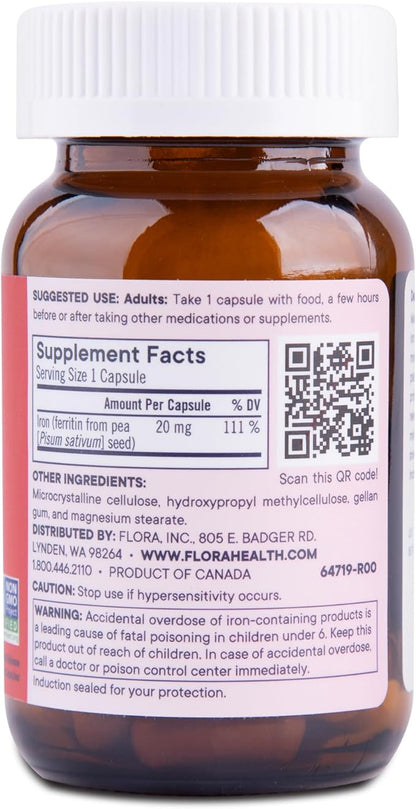 Flora Ferritin+ Delayed-Release Iron Supplement - Plant-Based Iron Supplement - Blood Cell & Energy Support - Vegan & Gluten-Free - Amber Glass Bottle - 60 Vegan Capsules