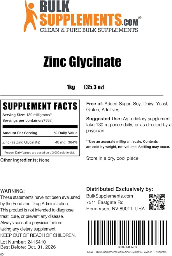 BulkSupplements.com Zinc Glycinate Powder - Zinc Supplement, Zinc 40mg, Zinc Glycinate Supplement for Immune Support - Gluten Free, 130mg per Serving, 1kg (2.2 lbs) (Pack of 1)