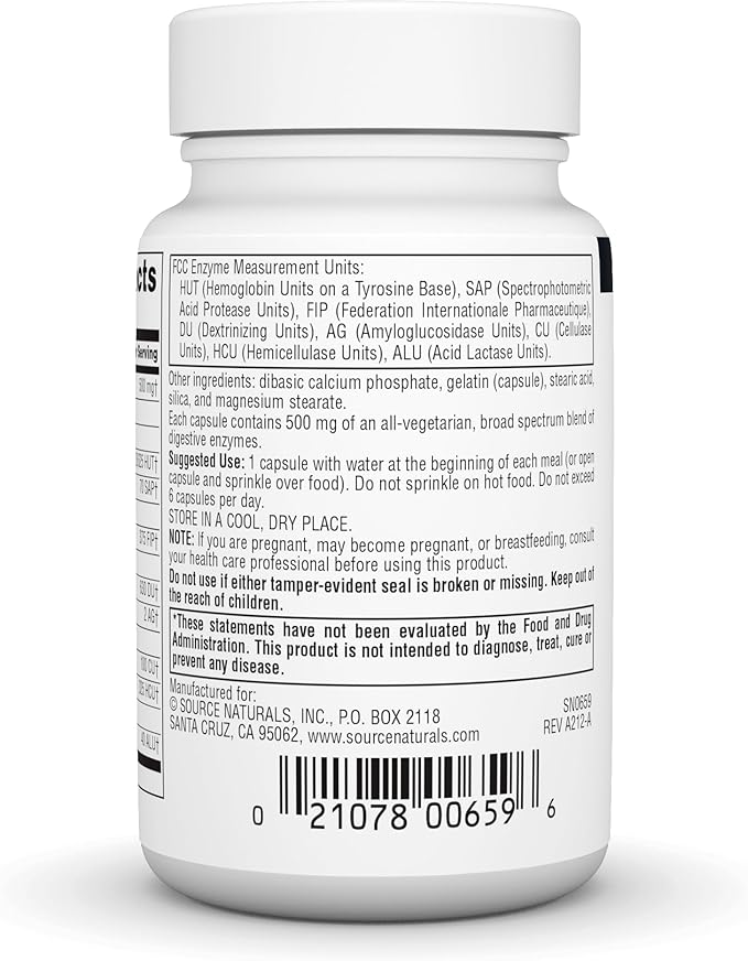 Source Naturals Essential Enzymes 500mg Bio-Aligned Multiple Enzyme Supplement Herbal Defense for Digestion, Gas, Constipation & Bloating Relief - Supports A Strong Immune System - 60 Capsules
