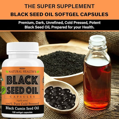Pure Black Seed Oil Capsules 1000mg per serving - 120 Capsules - Cold Pressed and Non GMO