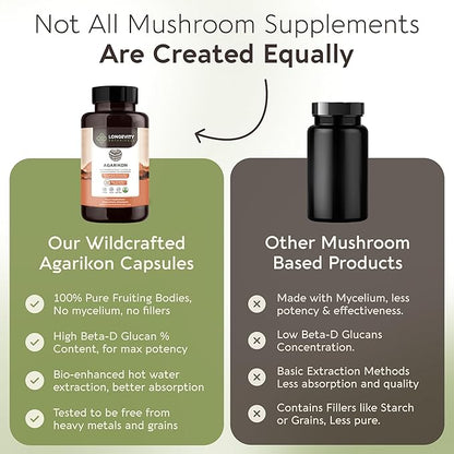 Longevity Botanicals Wildcrafted Agarikon Mushroom Extract Capsules (120) | Concentrated 10:1 Ratio | 100% Fruiting Bodies | Laricifomes Officinalis Supplement for Immunity & Respiratory Support