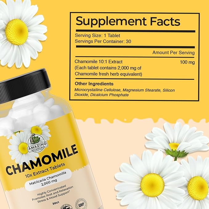 Organic Chamomile Extract Tablets - Matricaria Chamomilla Plant-Based Supplement - 10x Extract 2000 MG Each - Promotes Relaxation - 30 Tablets