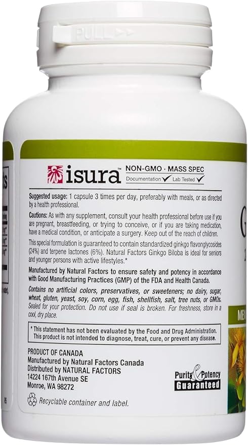 HerbalFactors by Natural Factors, Ginkgo Biloba, Supports Memory, Mental Performance and Healthy Brain Function, 60 capsules (60 servings)